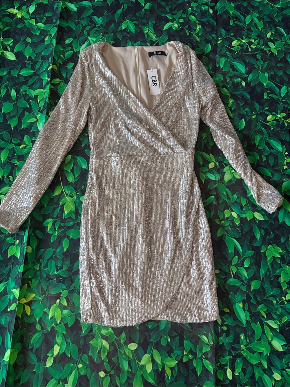CBR Gold Sequin Faux Wrap Style Long Sleeve Dress